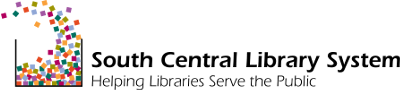 South Central Library System Helping Libraries Serve the Public. A large black outline of a three sided box filling with a wave of small muticolored boxes