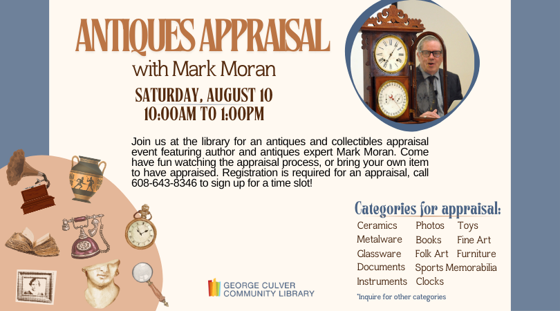 Antiques Appraisal with Mark Moran. White background blue edges. Images of a phonograph, Greek vase, pocket watch, magnifying glass, broken bust, old photograph and old book.