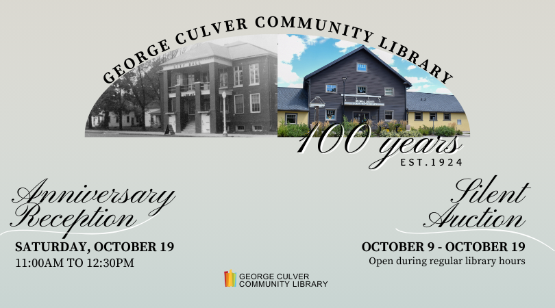Background: gray. Image of the first library in City Hall, next to image of today's library. Text: Anniversary Reception Saturday, October 19 11:00AM to 12:30PM Silent Auction October 9-19 Open during regular library hours