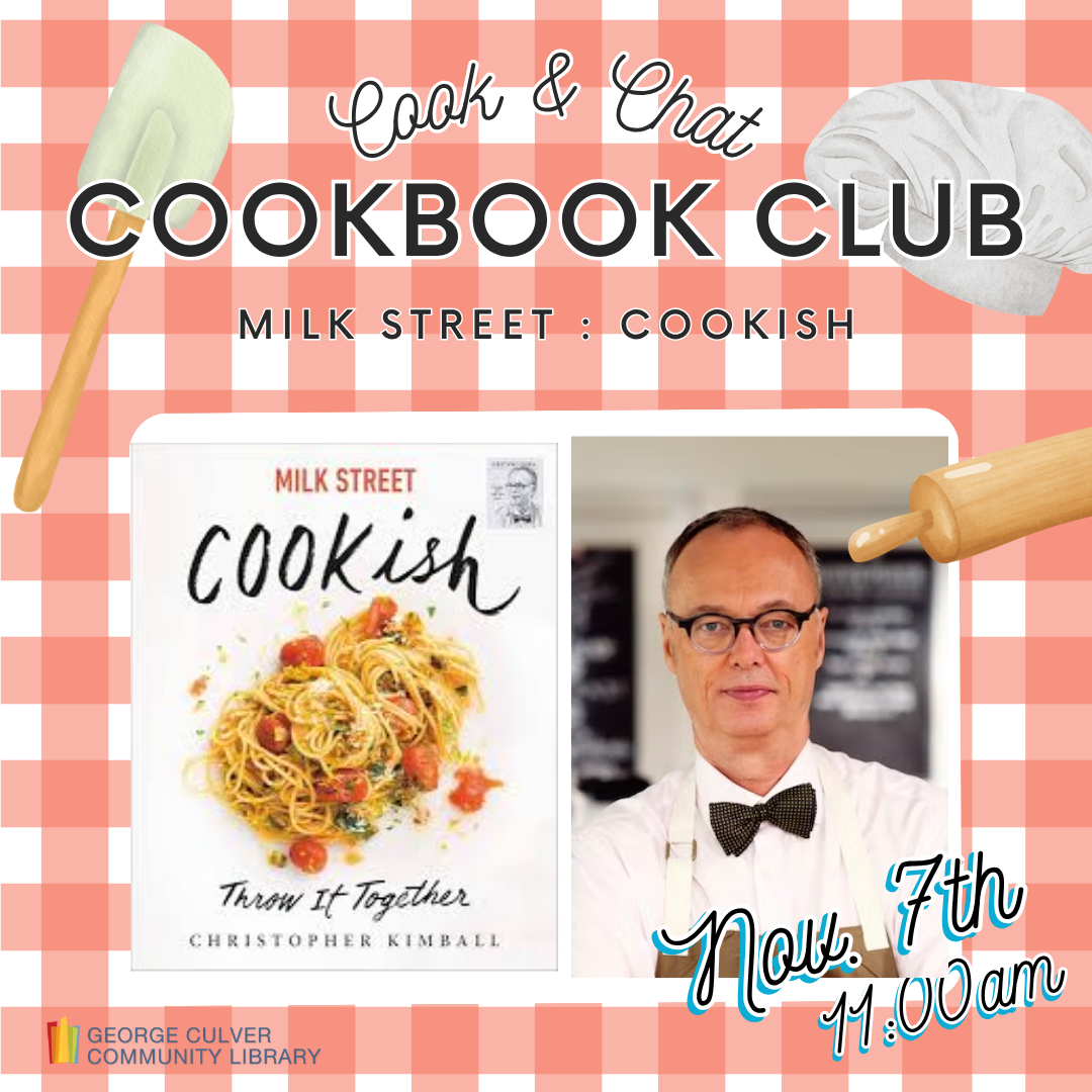 Text: Cook & Chat Cookbook Club Milk Street : Cookish Nov. 7th 11:00am
