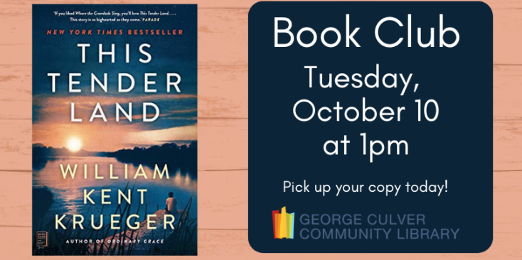 Book Club Tuesday, October 10 at 1pm. Pick up your copy today! Image of the book This Tender Land by William Kent Krueger