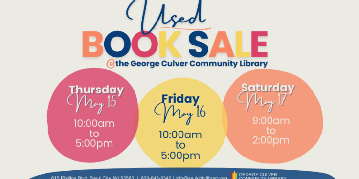 Used Booksale @George Culver Community Library Thursday, May 15 10:00am-5:00pm, Friday, May 16 10:00am-5:00pm, Saturday, May 17 9:00am-2:00pm