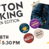 Image of paint splotches, 4 buttons and button on a denim jacket. Text: Button Making Tween Edition March 18th 4:30-5:30 PM