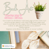 Images of book-page flowers and a flower pot decorated with book pages. Text: Book Art Tuesday, May 27 9:30-11:30am