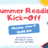 Images of a kite, beach ball, umbrella, popsicle, sun, and sunglasses. Text: Summer Reading Kick-Off Monday, June 9 at 10:00 AM Riverfront Park 236 Water Street, Sauk City, WI 53583