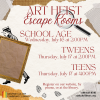 Art Heist Escape Rooms School Age Wednesday, July 16 at 2:00pm Tweens Thursday, July 17 at 2:00pm Teens Thursday, July 17 at 4:00pm. Register on our website, by phone, or at the library.