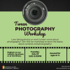 Image of a camera lens and film on a green background. Text: Tween Photography Workshop Love taking photos or want to learn more about photography? Join this fun workshop to learn the basics about cameras and photography! Register on our website, by phone, or at the library. Tuesday, July 22 3:00-5:00PM. Geared for ages 8-11.